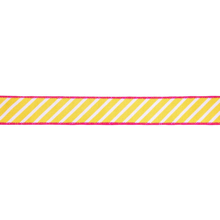 1 1/2" Wired Dupioni Ribbon | Yellow/White Diagonal Stripe w/ Pink Backing | 10 Yard Roll LaRibbons and Crafts