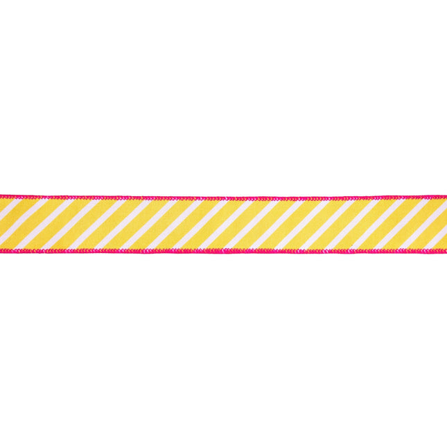 Durable 1 1/2" wired dupioni ribbon (yellow-white diagonal stripes + pink backing), for gift wrapping accents