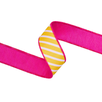 1 1/2" Wired Dupioni Ribbon | Yellow/White Diagonal Stripe w/ Pink Backing | 10 Yard Roll LaRibbons and Crafts