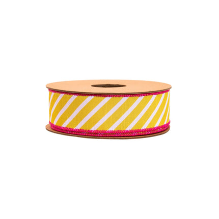 1 1/2" Wired Dupioni Ribbon | Yellow/White Diagonal Stripe w/ Pink Backing | 10 Yard Roll LaRibbons and Crafts