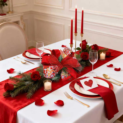 Valentines Day Ribbons Set: Red glitter net, solid red dupioni & retro heart/kitten wired ribbons (spools). Gifting/decor.