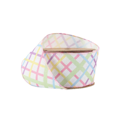 2 1/2 Wired Ribbon | White w/ Pastel Bias Plaid | 10 Yard Roll LaRibbons and Crafts