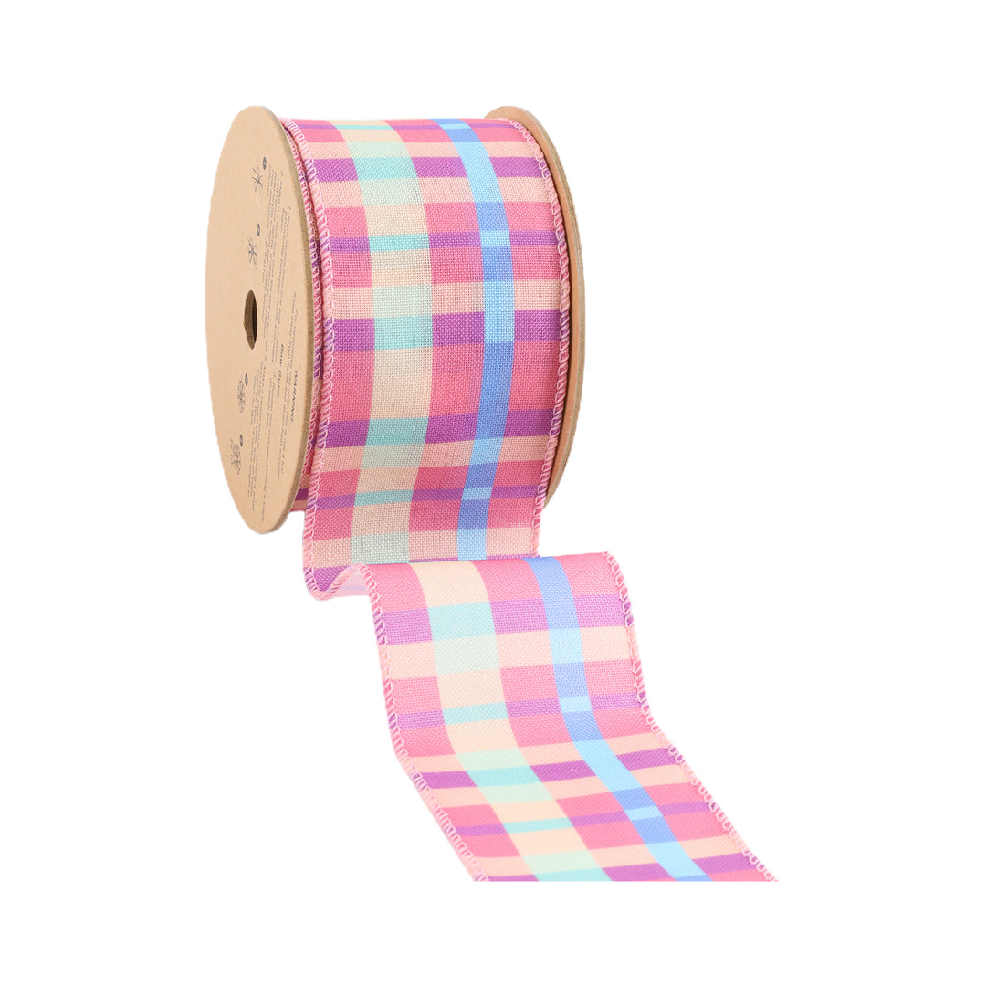 2 1/2 Wired Ribbon | Pink/Yellow/Blue/Green Bright Plaid | 10 Yard Roll