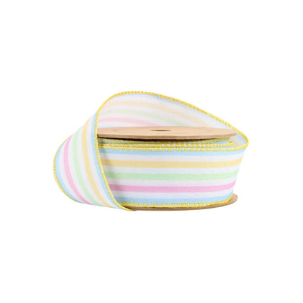 Wired Ribbon | White w/ Pastel Stripe | 10 Yard Roll LaRibbons and Crafts