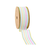 Wired Ribbon | White w/ Pastel Stripe | 10 Yard Roll