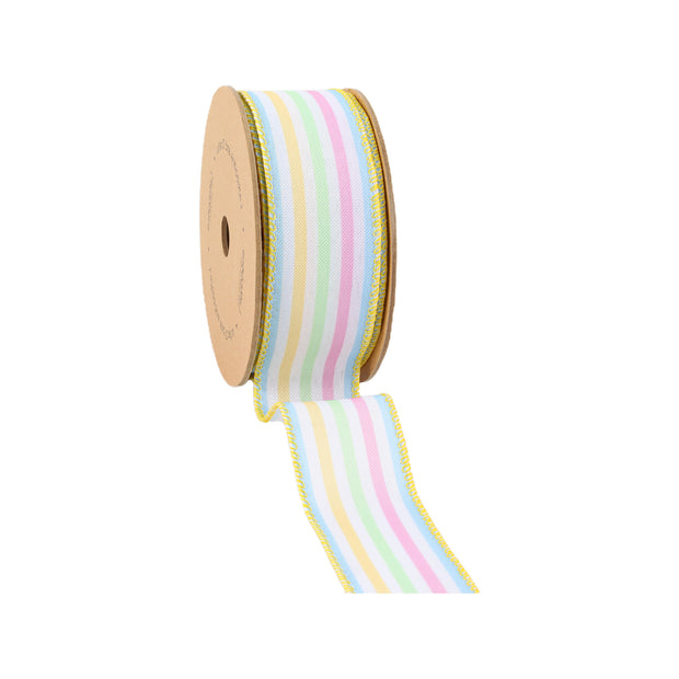 Wired Ribbon | White w/ Pastel Stripe | 10 Yard Roll