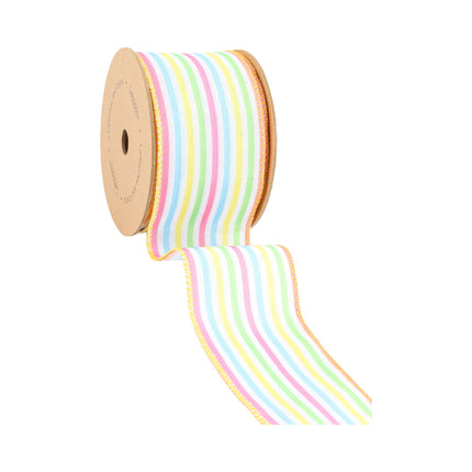 Wired Ribbon | White w/ Pastel Stripe | 10 Yard Roll LaRibbons and Crafts