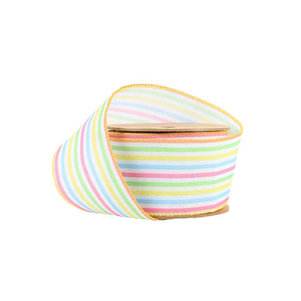 Wired Ribbon | White w/ Pastel Stripe | 10 Yard Roll LaRibbons and Crafts