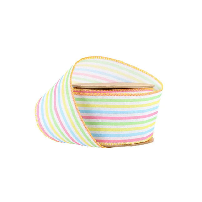 Wired Ribbon | White w/ Pastel Stripe | 10 Yard Roll LaRibbons and Crafts