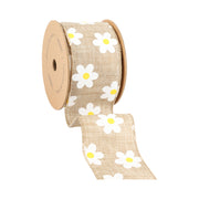 2 1/2" Wired Ribbon | Natural Linen w/ White Daisy | 10 Yard Roll