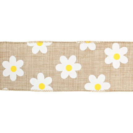 2 1/2" Wired Ribbon | Natural Linen w/ White Daisy | 10 Yard Roll LaRibbons and Crafts