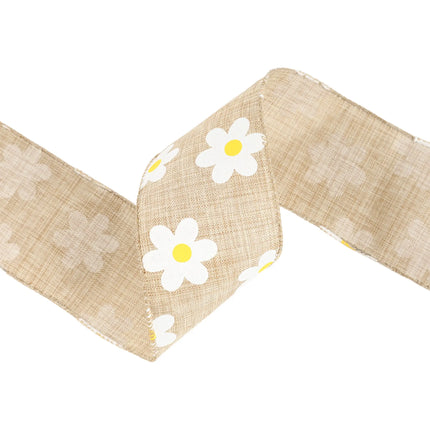 2 1/2" Wired Ribbon | Natural Linen w/ White Daisy | 10 Yard Roll LaRibbons and Crafts