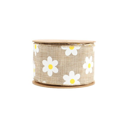 2 1/2" Wired Ribbon | Natural Linen w/ White Daisy | 10 Yard Roll LaRibbons and Crafts