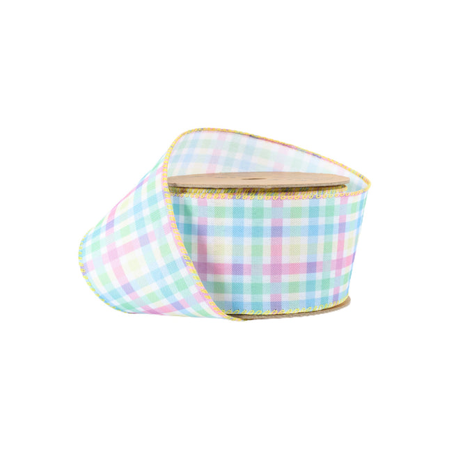 2 1/2" Wired Ribbon | White w/ Bright Plaid Green/Blue/Yellow/Pink | 10 Yard Roll LaRibbons and Crafts