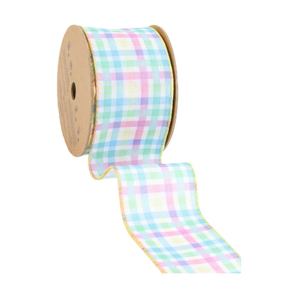 2 1/2" Wired Ribbon | White w/ Bright Plaid Green/Blue/Yellow/Pink | 10 Yard Roll LaRibbons and Crafts