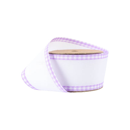 2 1/2" Wired Ribbon | White w/ Purple Gingham Edging | 10 Yard Roll LaRibbons and Crafts