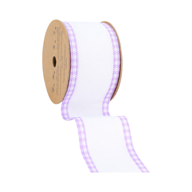 2 1/2" Wired Ribbon | White w/ Purple Gingham Edging | 10 Yard Roll