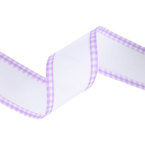 2 1/2" Wired Ribbon | White w/ Purple Gingham Edging | 10 Yard Roll