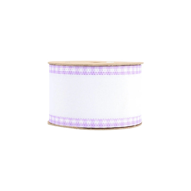 2 1/2" Wired Ribbon | White w/ Purple Gingham Edging | 10 Yard Roll LaRibbons and Crafts