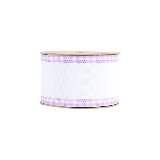 2 1/2" Wired Ribbon | White w/ Purple Gingham Edging | 10 Yard Roll LaRibbons and Crafts