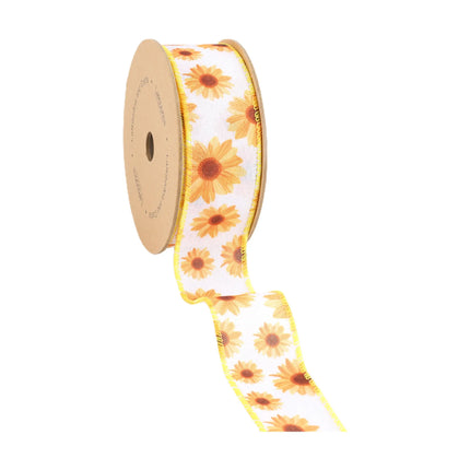 1 1/2" Wired Ribbon | White w/ Yellow Sunflowers | 10 Yard Roll LaRibbons and Crafts