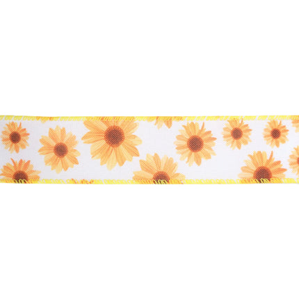 1 1/2" Wired Ribbon | White w/ Yellow Sunflowers | 10 Yard Roll LaRibbons and Crafts