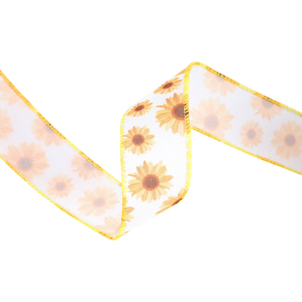 1 1/2" Wired Ribbon | White w/ Yellow Sunflowers | 10 Yard Roll
