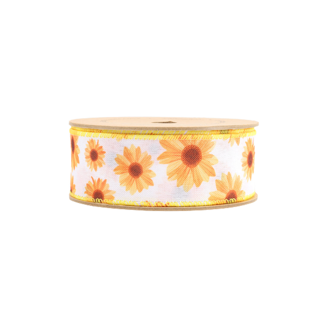 1 1/2" Wired Ribbon | White w/ Yellow Sunflowers | 10 Yard Roll