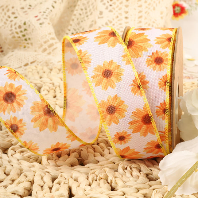 1 1/2" Wired Ribbon | White w/ Yellow Sunflowers | 10 Yard Roll LaRibbons and Crafts
