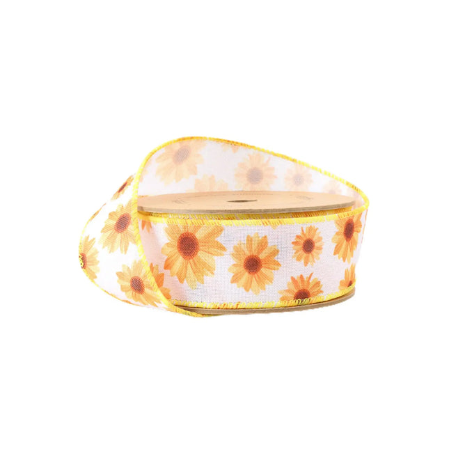 1 1/2" Wired Ribbon | White w/ Yellow Sunflowers | 10 Yard Roll LaRibbons and Crafts
