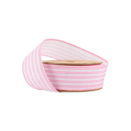 Pink & white striped organza ribbon on spool, for new baby gift wrapping