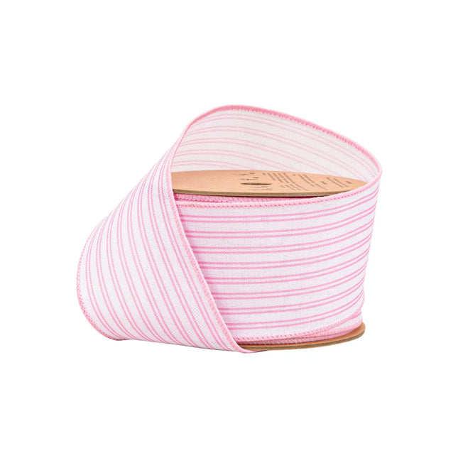 2 1/2" Wired Ribbon with pink ticking stripe, perfect for baby shower decor and gift wrapping.
