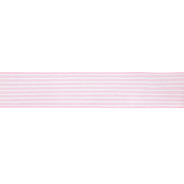Pink ticking stripe 2 1/2" wired ribbon, adds a soft, playful touch to spring wreaths and table settings.