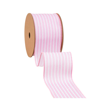 2 1/2" Wired Ribbon featuring pink ticking stripe, crafts delicate bows for nursery styling and DIY crafts.