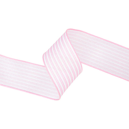 Soft pink ticking stripe 2 1/2" wired ribbon, elevates bridal shower accents and gift packaging.