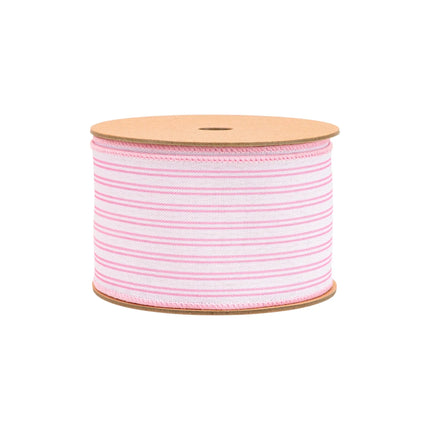 Airy pink ticking stripe 2 1/2" wired ribbon, ideal for creating charming, timeless accents in cottage-style