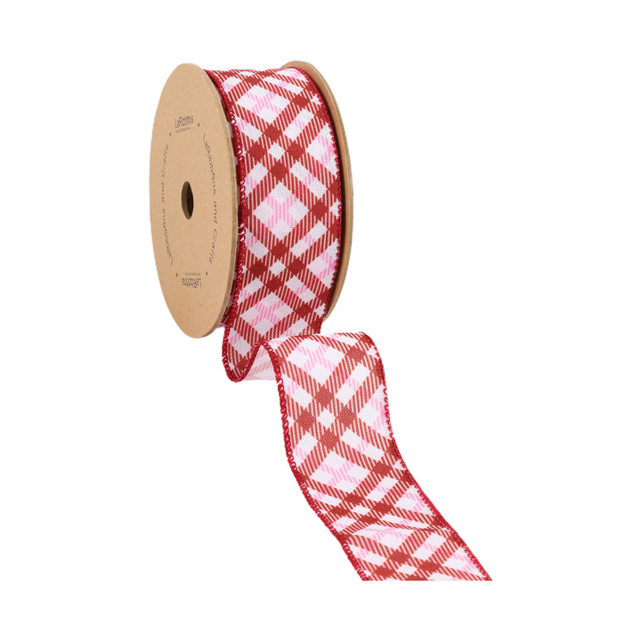 1 1/2" Wired Ribbon | White w/ Pink/Red Printed Bias Plaid | 10 Yard Roll