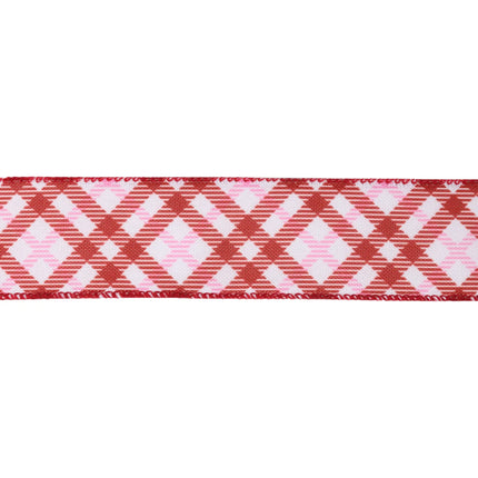 1 1/2" Wired Ribbon | White w/ Pink/Red Printed Bias Plaid | 10 Yard Roll LaRibbons and Crafts