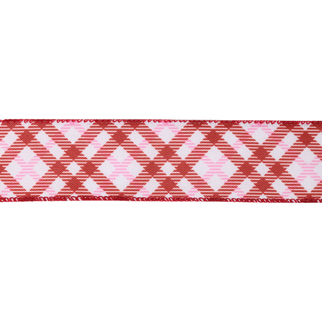 1 1/2" Wired Ribbon | White w/ Pink/Red Printed Bias Plaid | 10 Yard Roll