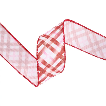 1 1/2" Wired Ribbon | White w/ Pink/Red Printed Bias Plaid | 10 Yard Roll LaRibbons and Crafts