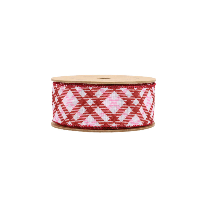 1 1/2" Wired Ribbon | White w/ Pink/Red Printed Bias Plaid | 10 Yard Roll