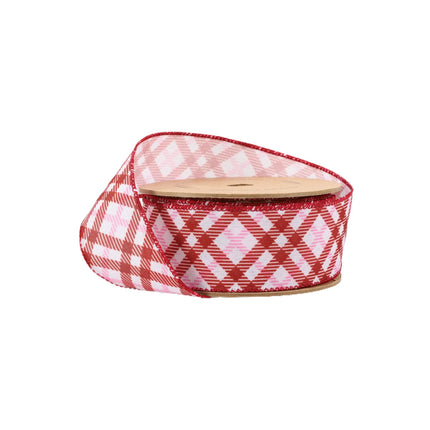 1 1/2" Wired Ribbon | White w/ Pink/Red Printed Bias Plaid | 10 Yard Roll LaRibbons and Crafts