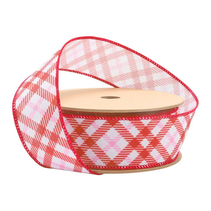 1 1/2" Wired Ribbon | White w/ Pink/Red Printed Bias Plaid | 10 Yard Roll LaRibbons and Crafts
