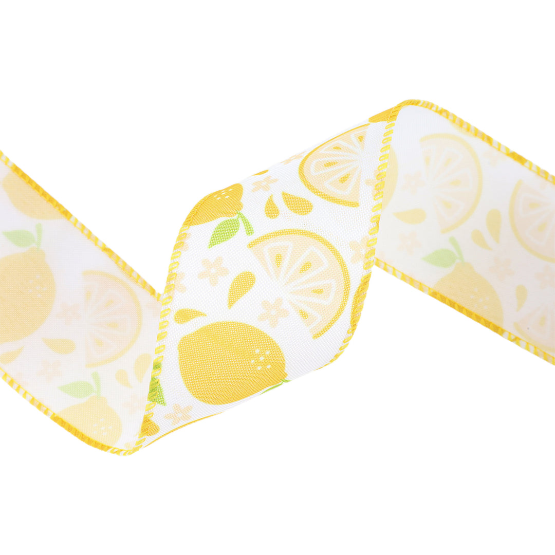 2 1/2" Wired Ribbon | Lemon Slice on White | 10 Yard Roll