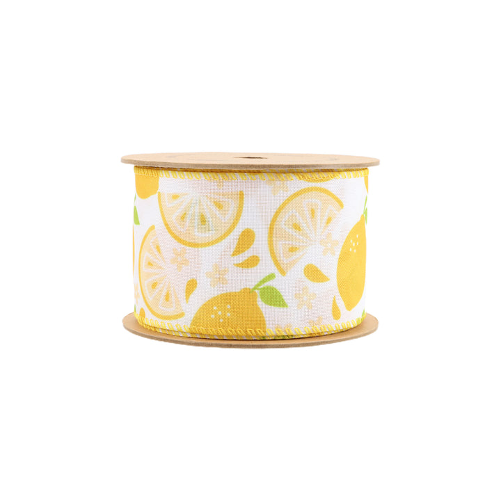 2 1/2" Wired Ribbon | Lemon Slice on White | 10 Yard Roll