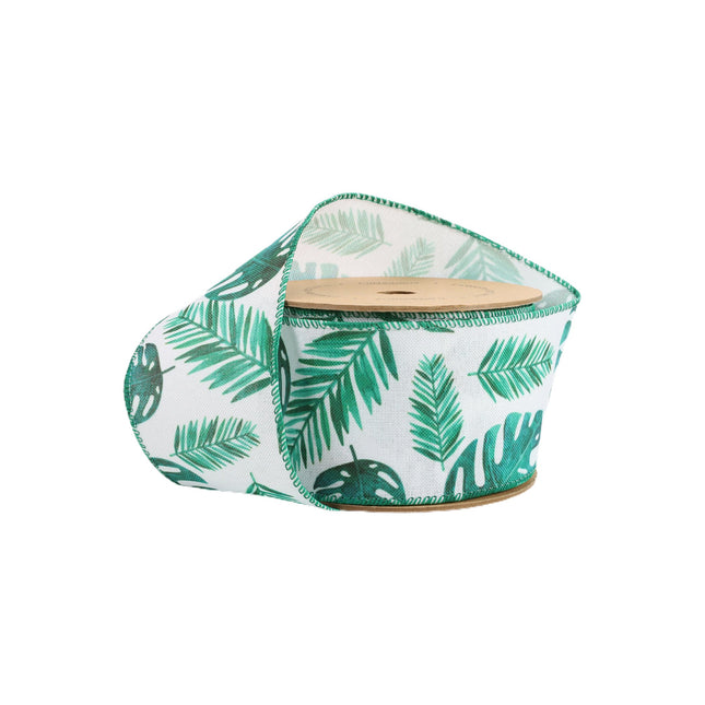 2 1/2" Wired Ribbon | Monstera and Palm Leaf on White | 10 Yard Roll LaRibbons and Crafts