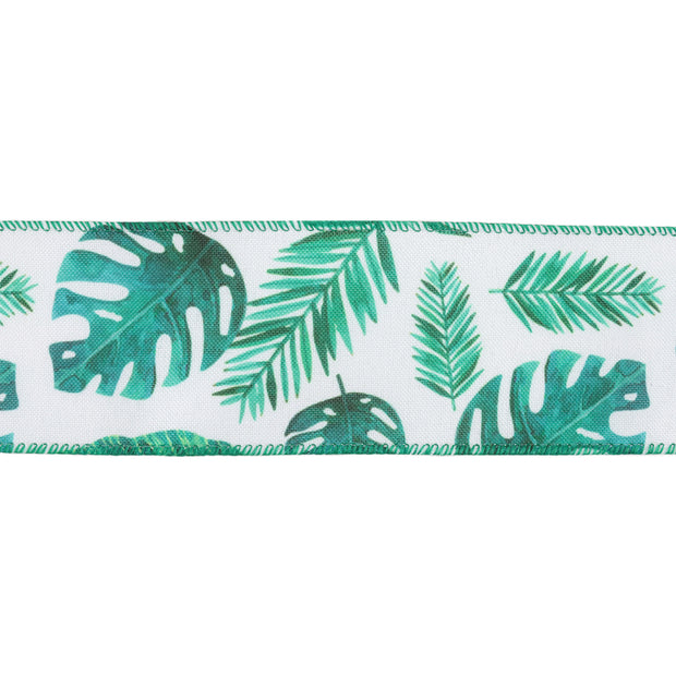 2 1/2" Wired Ribbon | Monstera and Palm Leaf on White | 10 Yard Roll