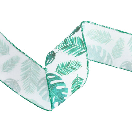 2 1/2" Wired Ribbon | Monstera and Palm Leaf on White | 10 Yard Roll LaRibbons and Crafts