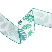 2 1/2" Wired Ribbon | Monstera and Palm Leaf on White | 10 Yard Roll