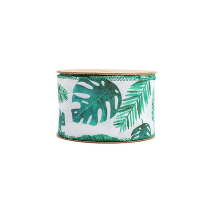 2 1/2" Wired Ribbon | Monstera and Palm Leaf on White | 10 Yard Roll LaRibbons and Crafts